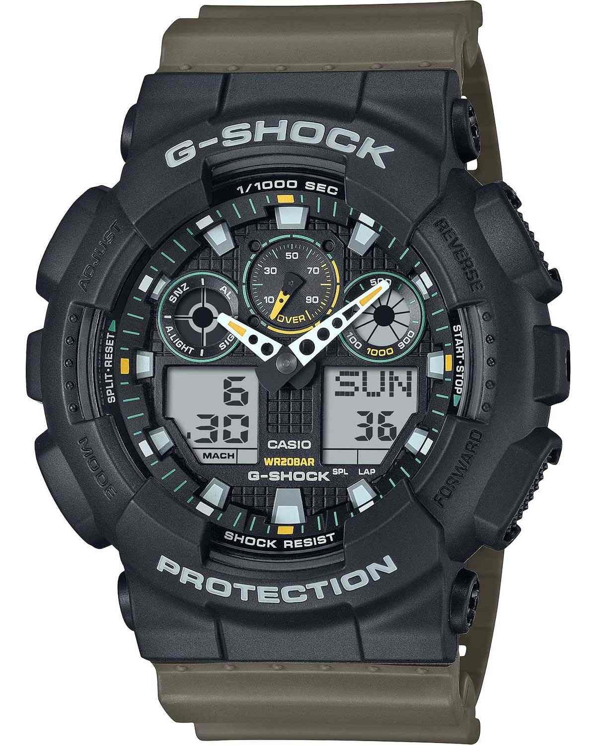 CASIO GShock Cronograph GA100TU1A3ER, Black case with Olive Green Rubber Strap