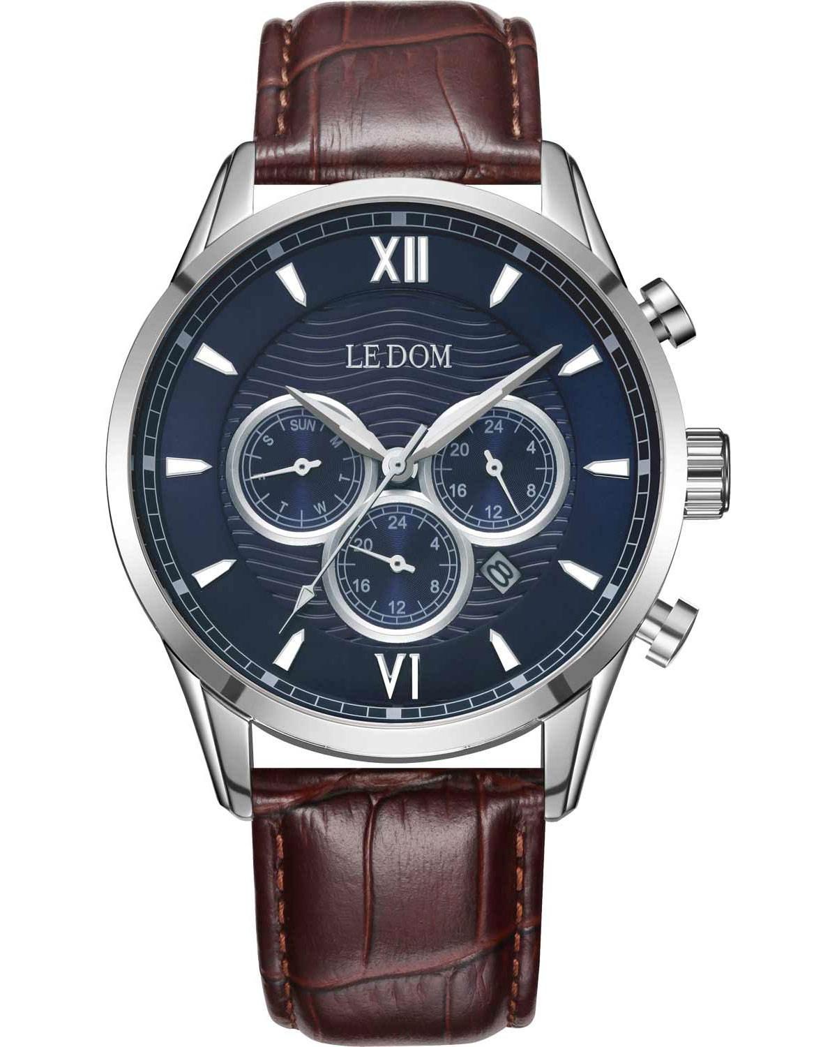 Le Dom LE DOM Aviator Dual Time - LD.1498-5, Silver case with Brown Leather Strap