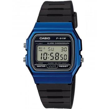 CASIO Collection  Chronograph - F-91WM-2AEF,  Blue case with Black Rubber Strap 