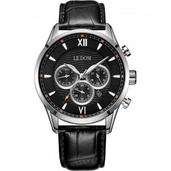 LE DOM Aviator Dual Time - LD.1498-4, Silver case with Black Leather Strap