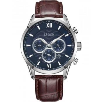 LE DOM Aviator Dual Time - LD.1498-5, Silver case with Brown Leather Strap